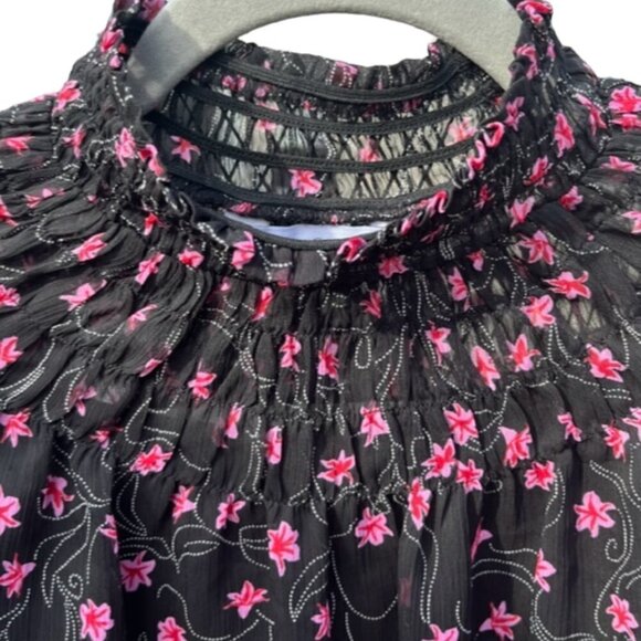 Elizabeth And James EUC Long Sleeve Black Pink Floral Sheer Smocked Neck Top Med - Picture 11 of 16